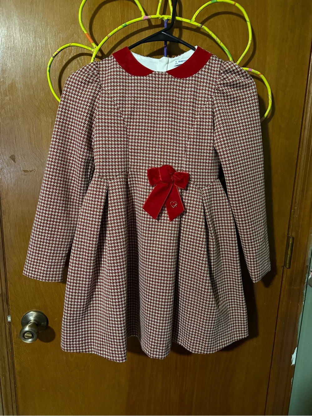 Girls Red Houndstooth Long-Sleeve Dress with Velvet Bow mayoral size 9